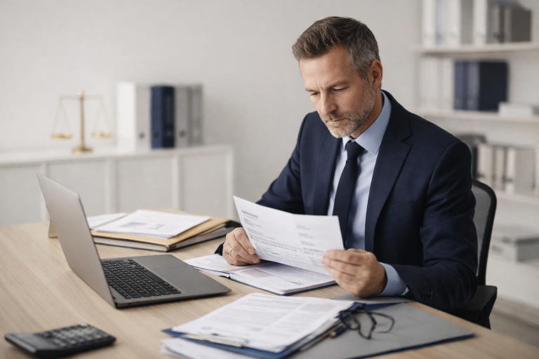 Consultant en recouvrement examinant des documents financiers à Strasbourg en Alsace