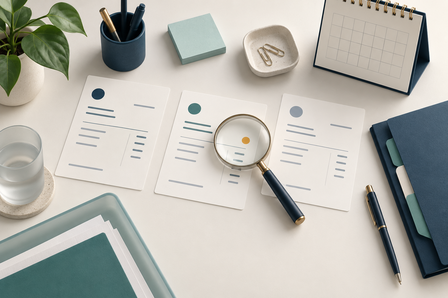 Factures, calendrier et loupe sur un bureau pour illustrer le suivi des échéances clients.